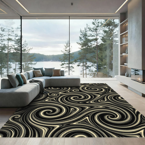 Black Cream Swirling Marble Lines Rug