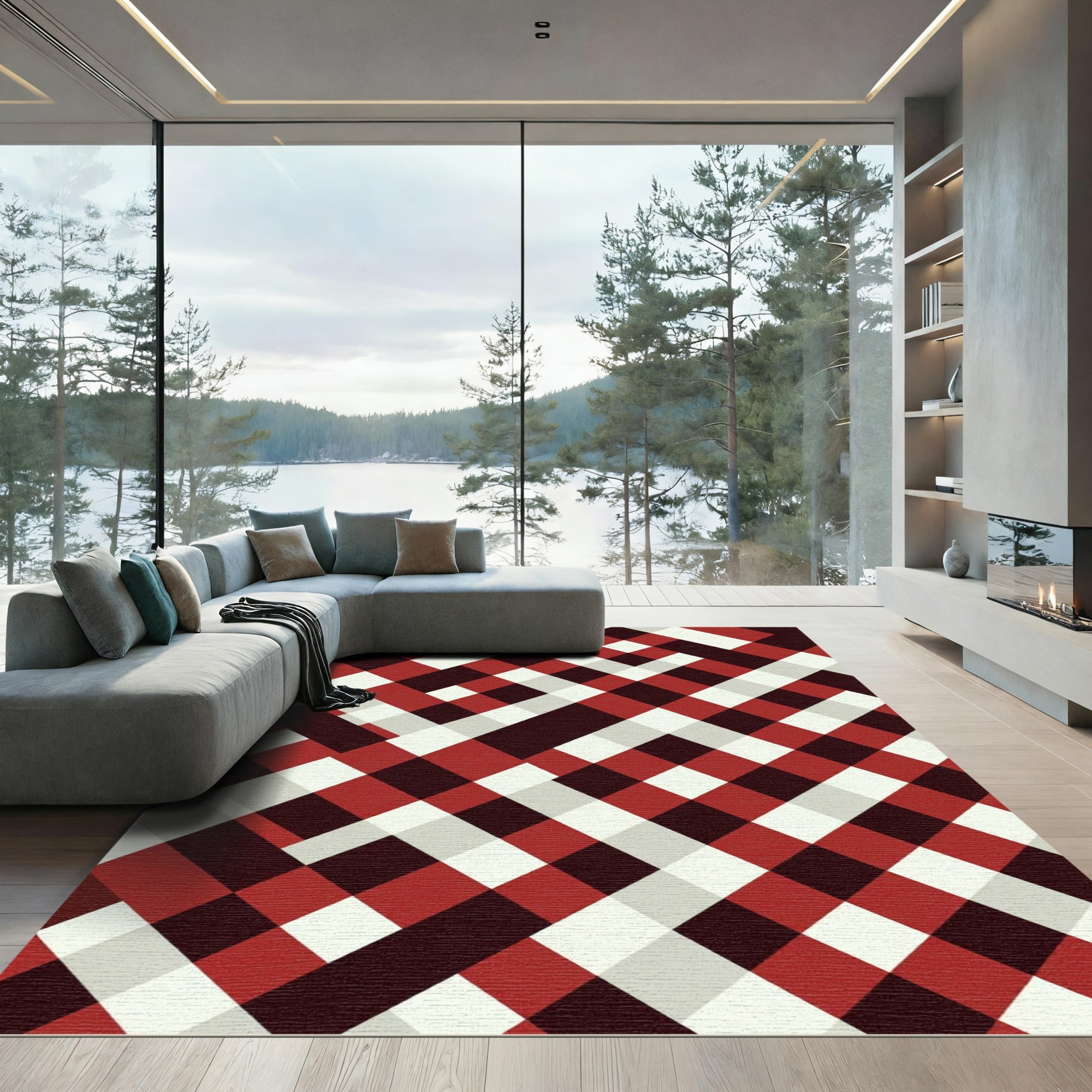Geometric Red White Black Checkerboard Rug