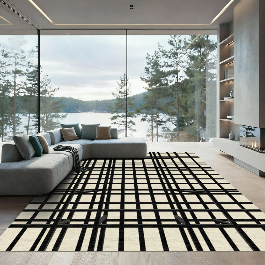 Minimalist Black Grid Geometric Linear Rug
