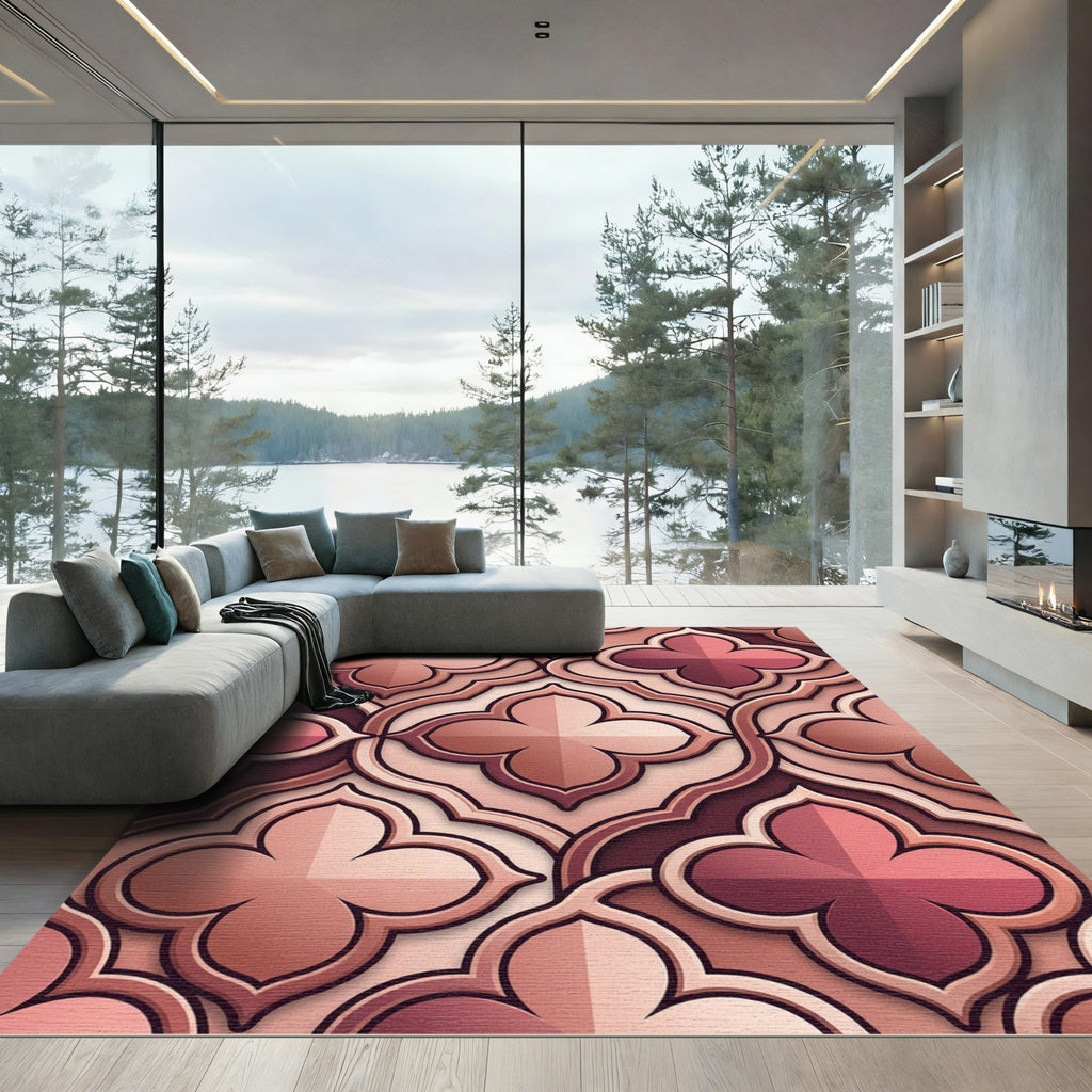 Symmetrical Geometric Dusty Rose Tile Rug