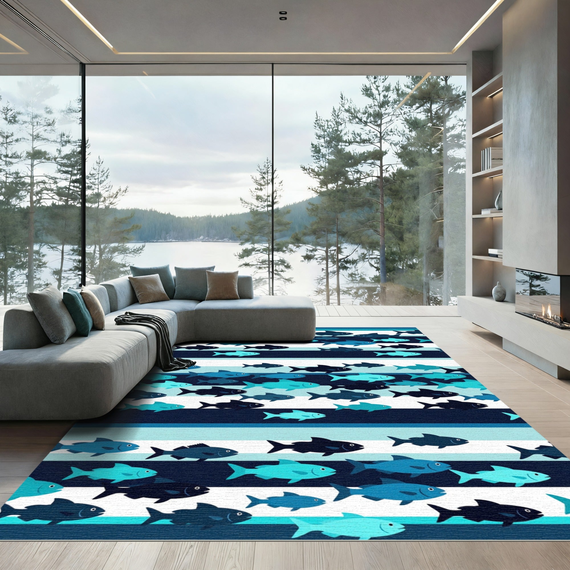 Coastal Blue Striped School of Fish Rug