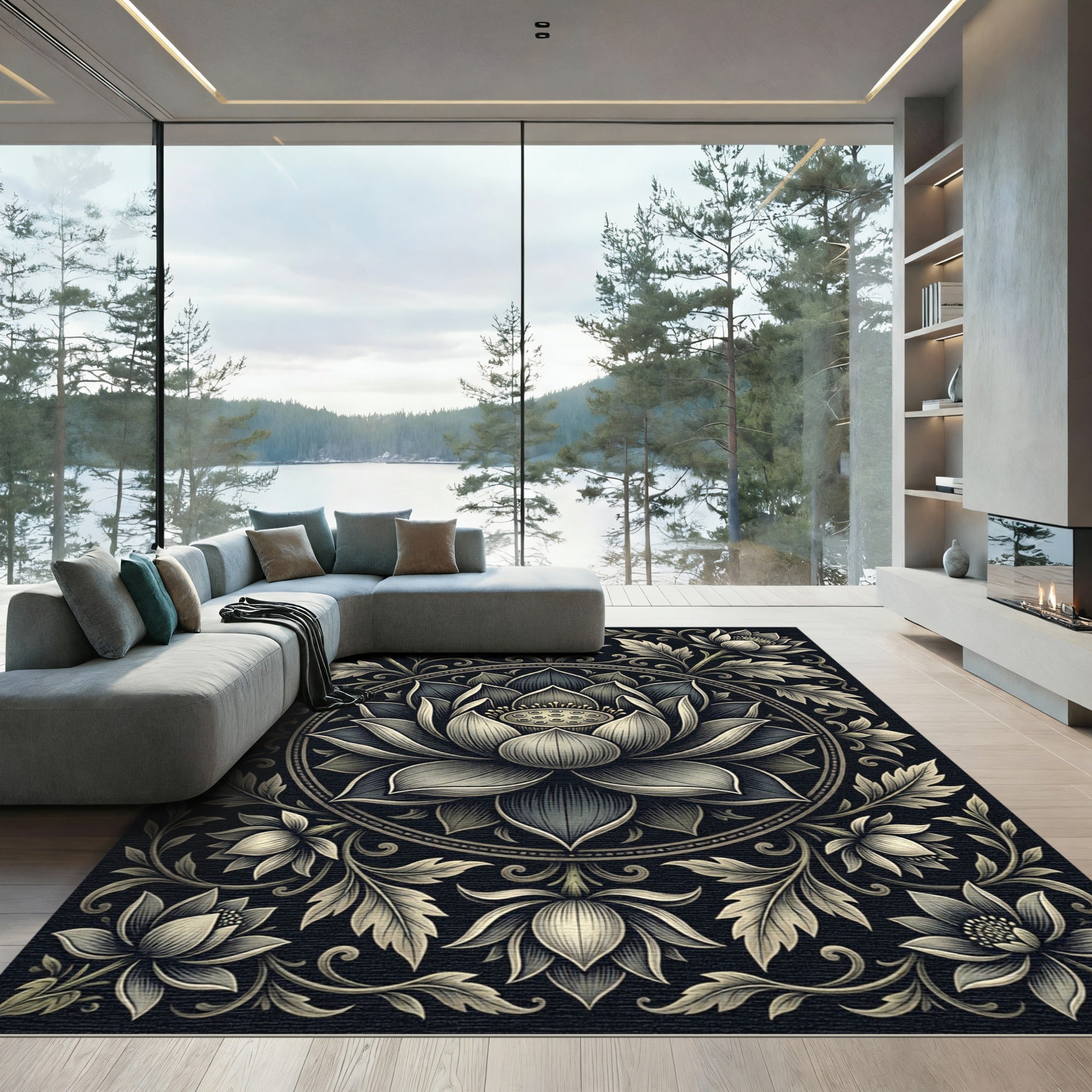 Monochromatic Floral Mandala Lotus Rug