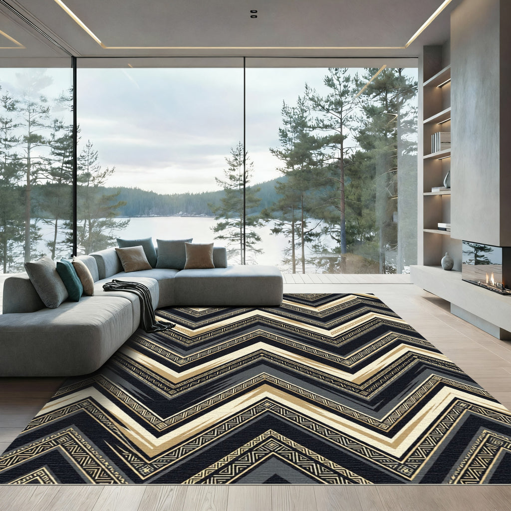 Elegant Black Gold Geometric Chevron Rug