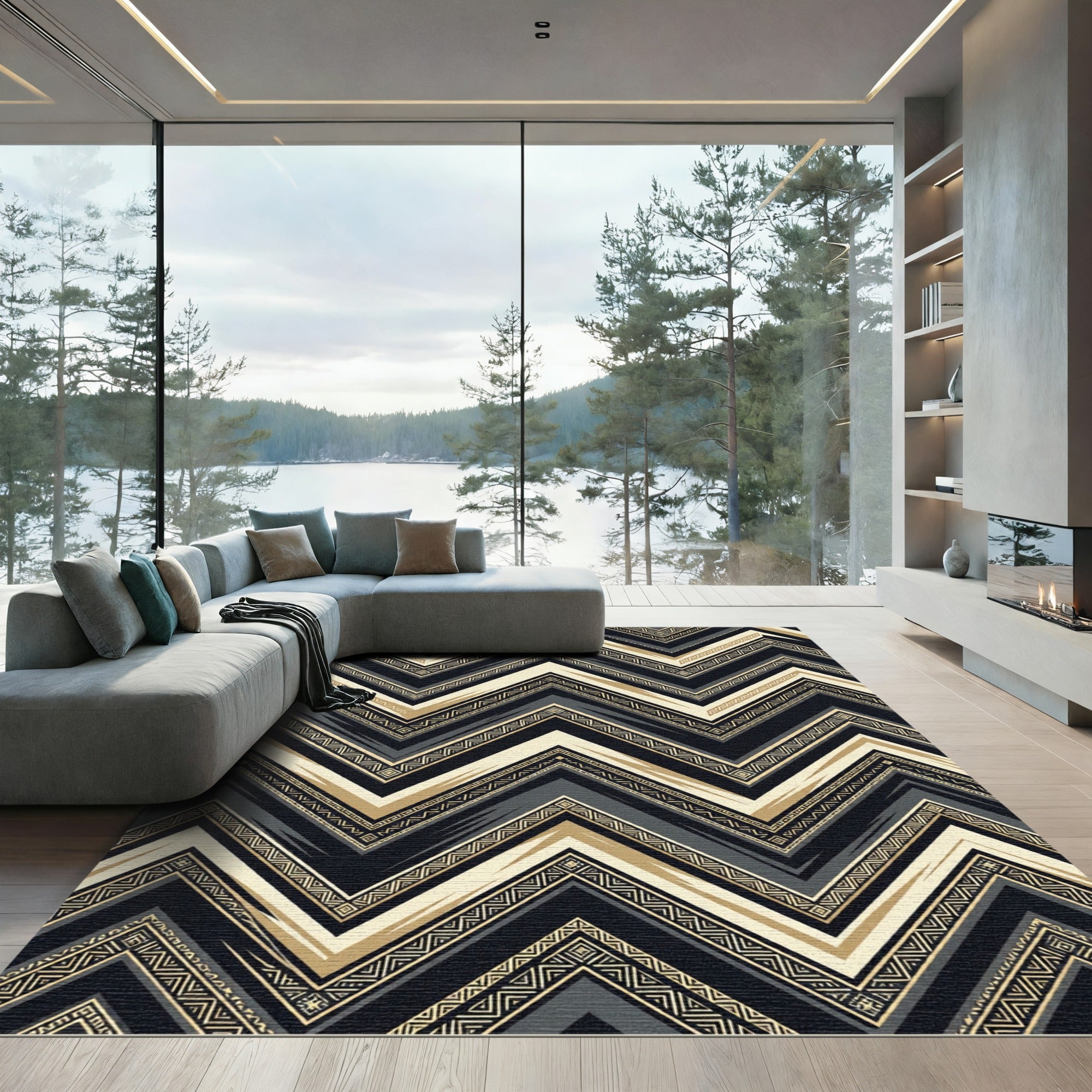 Elegant Black Gold Geometric Chevron Rug