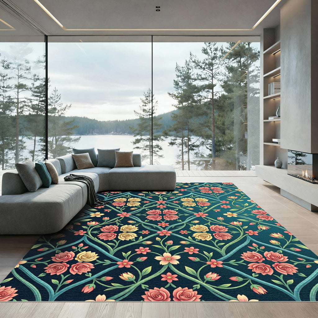 Coral Pink Yellow Rose Trellis Rug