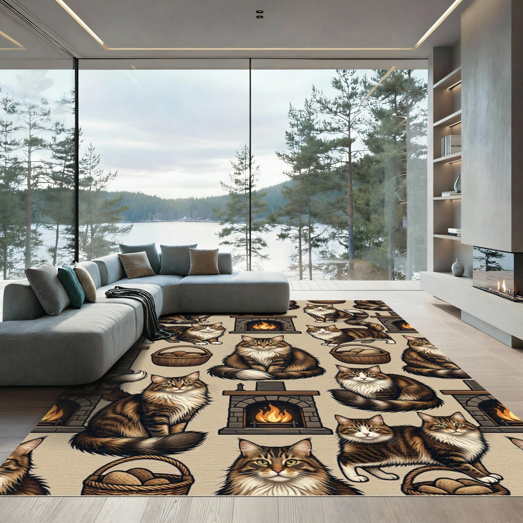 Cozy Tabby Cat Fireside Scene Rug
