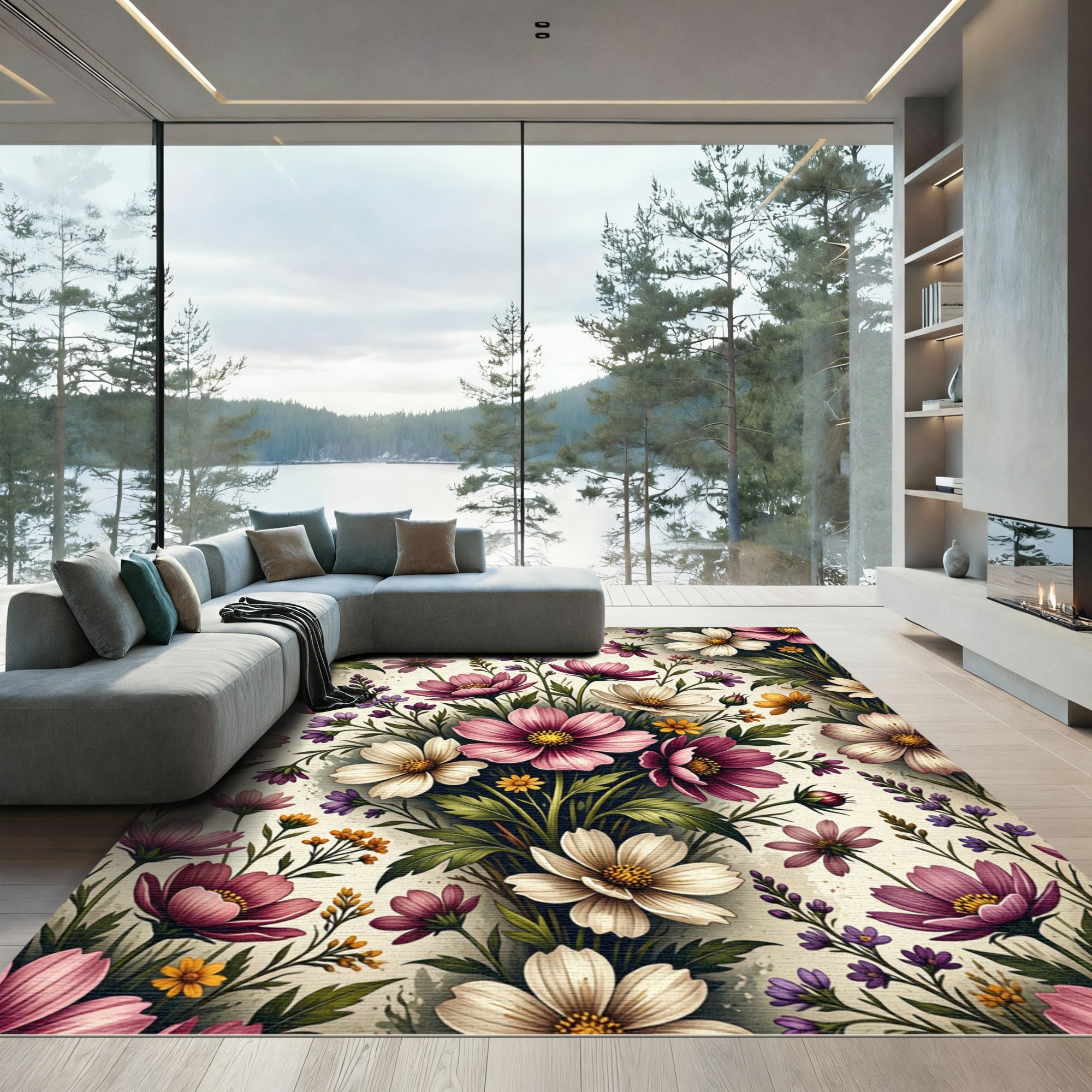 Elegant Pink Cosmos Botanical Floral Rug