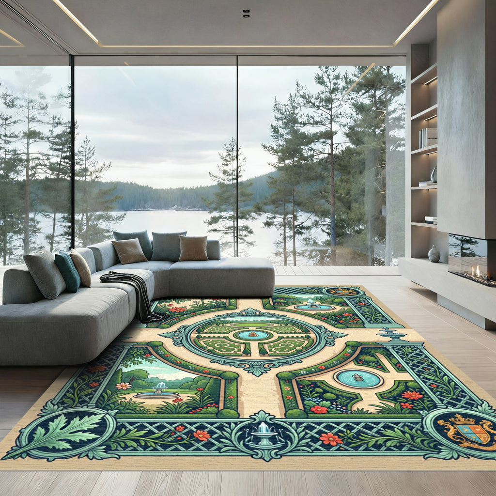 Royal Teal Verdant Botanical Fountain Garden Rug