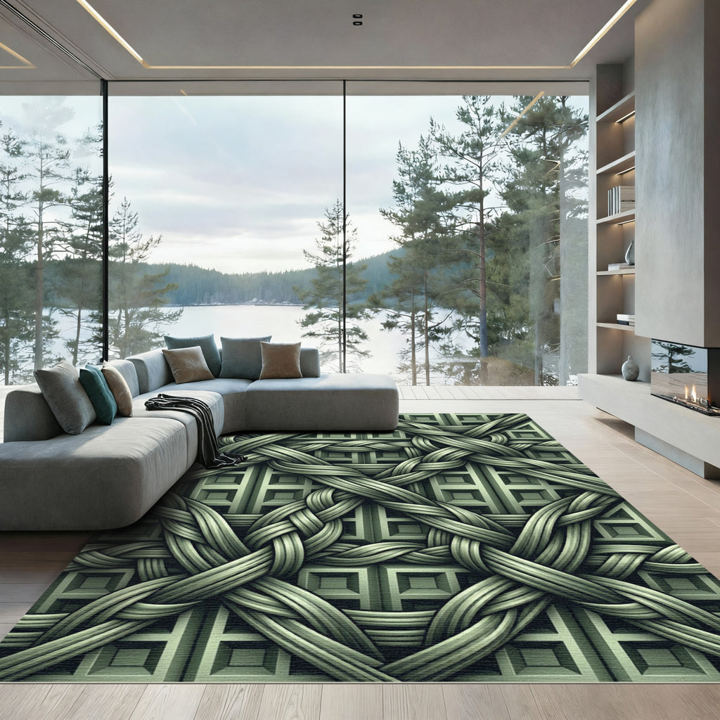Sage Green Woven Geometric Interlocking Lattice Rug