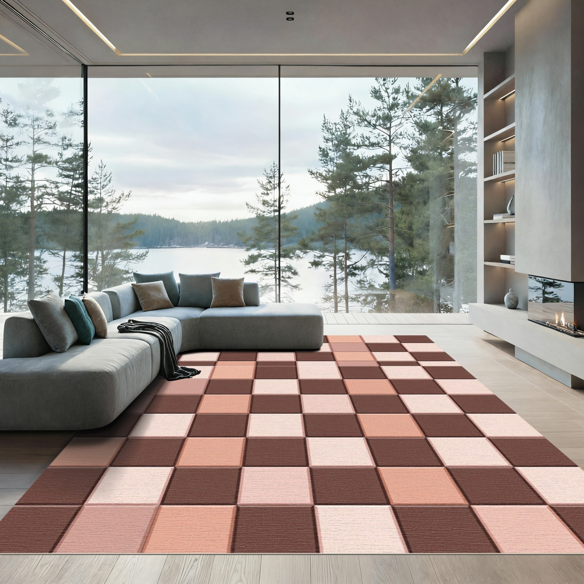 Brown Peach Tonal Block Check Rug