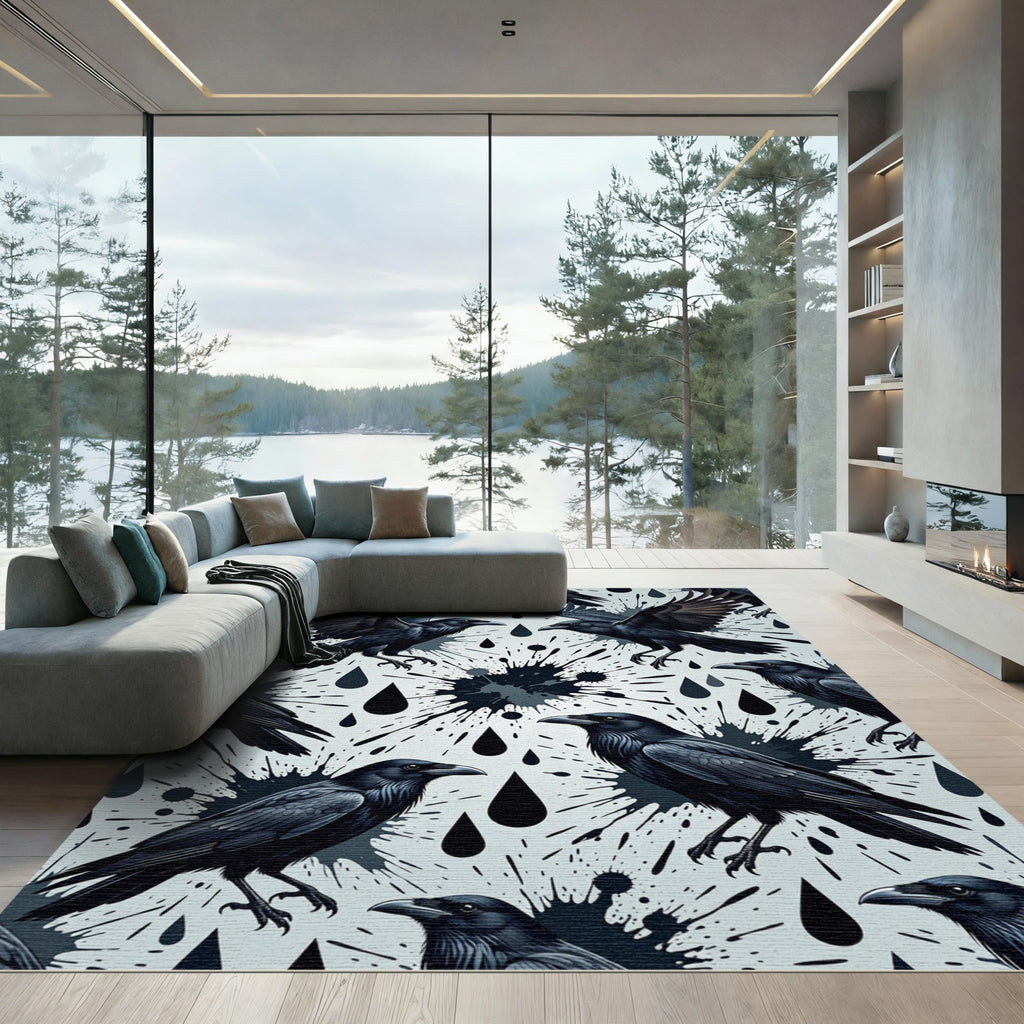 Gothic Raven Ink Splatter Black White Rug