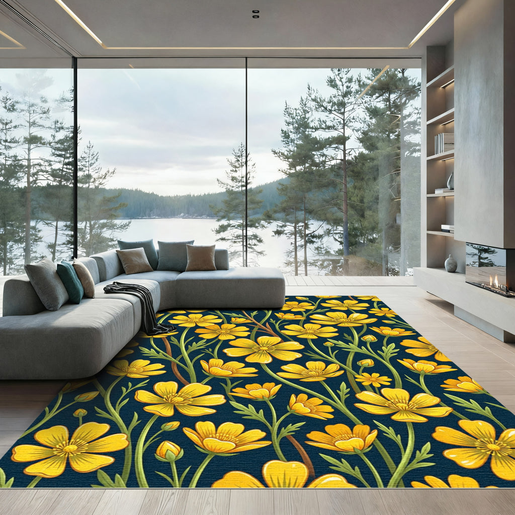 Golden Buttercup Botanical Midnight Floral Rug