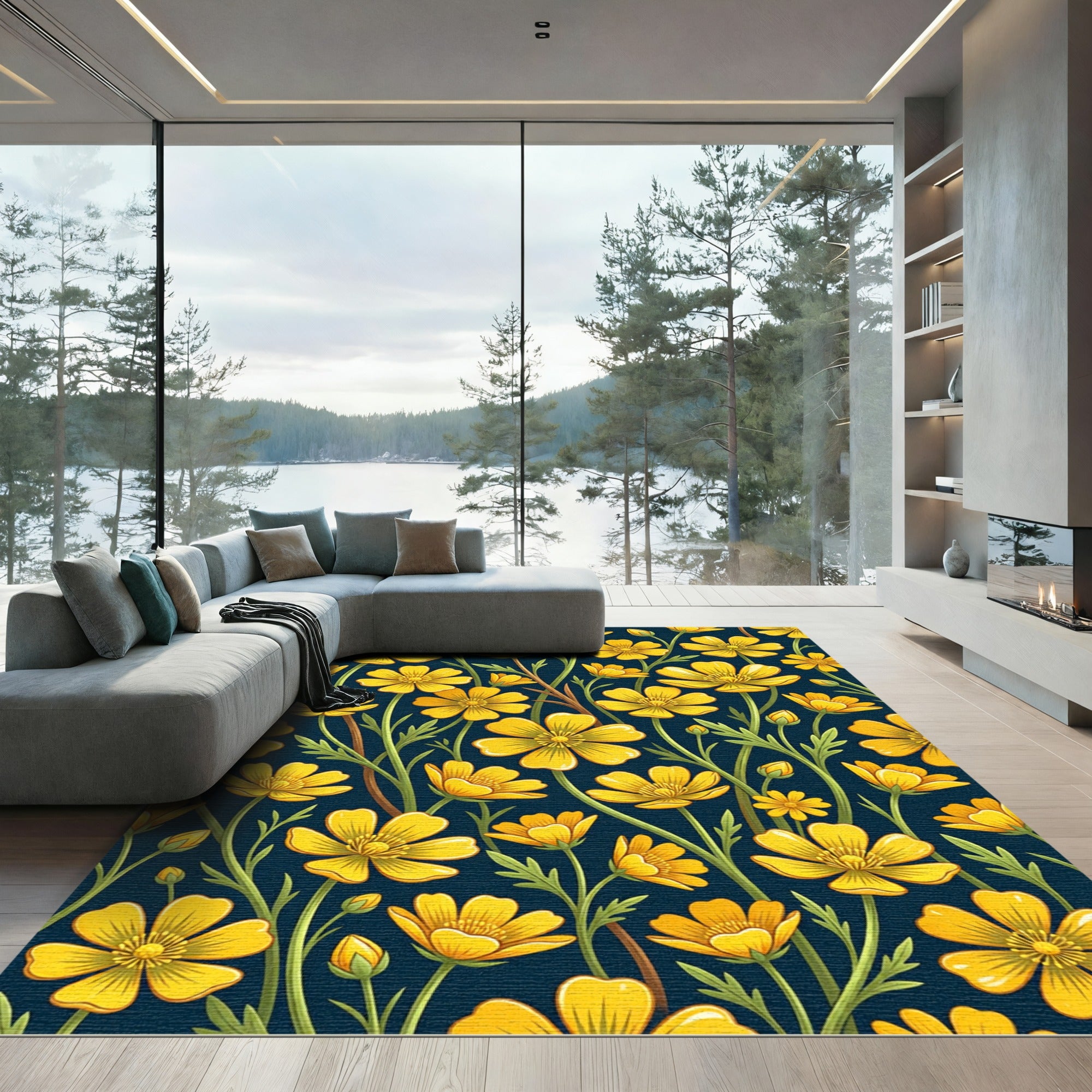 Golden Buttercup Botanical Midnight Floral Rug