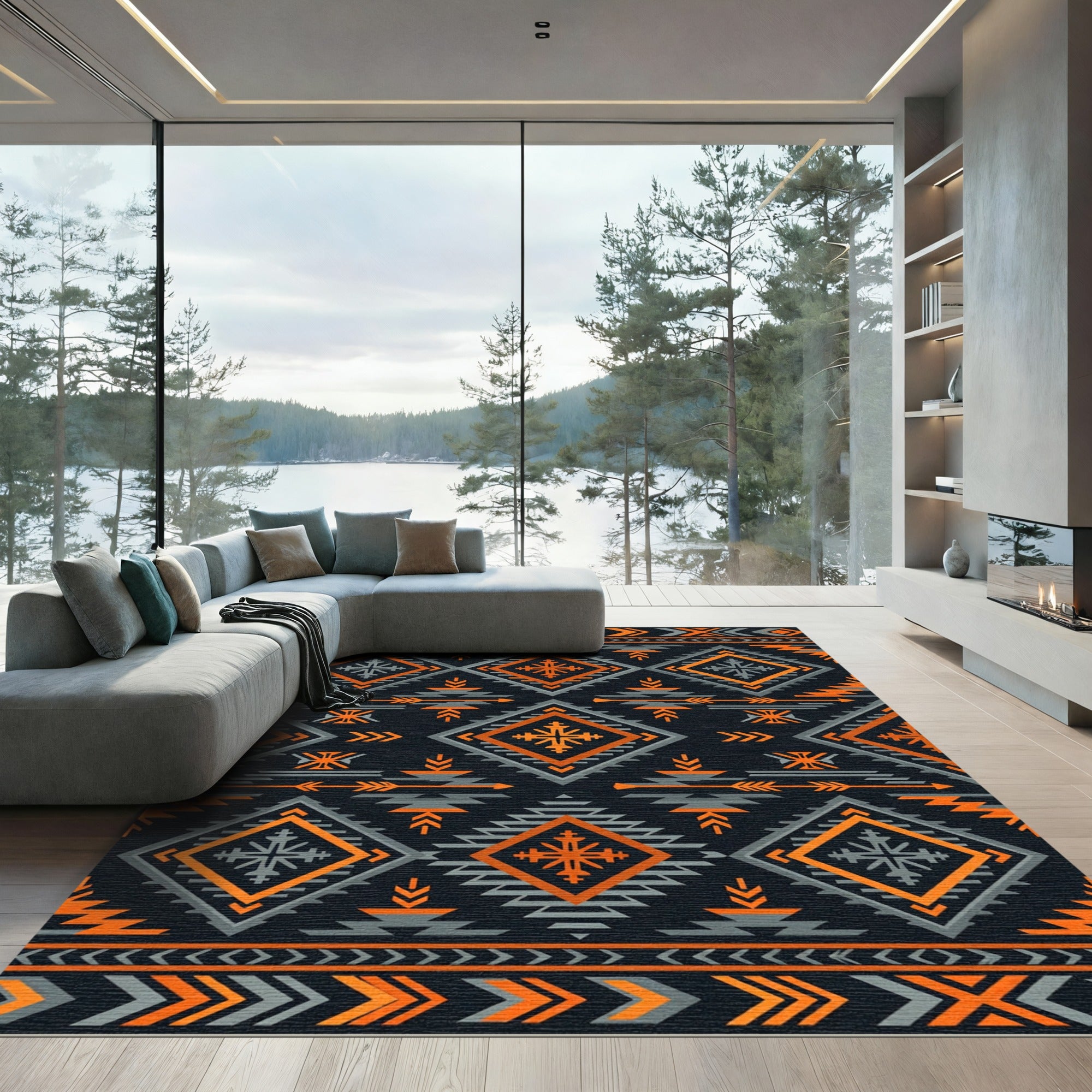 Bold Orange Gray Tribal Diamond Rug