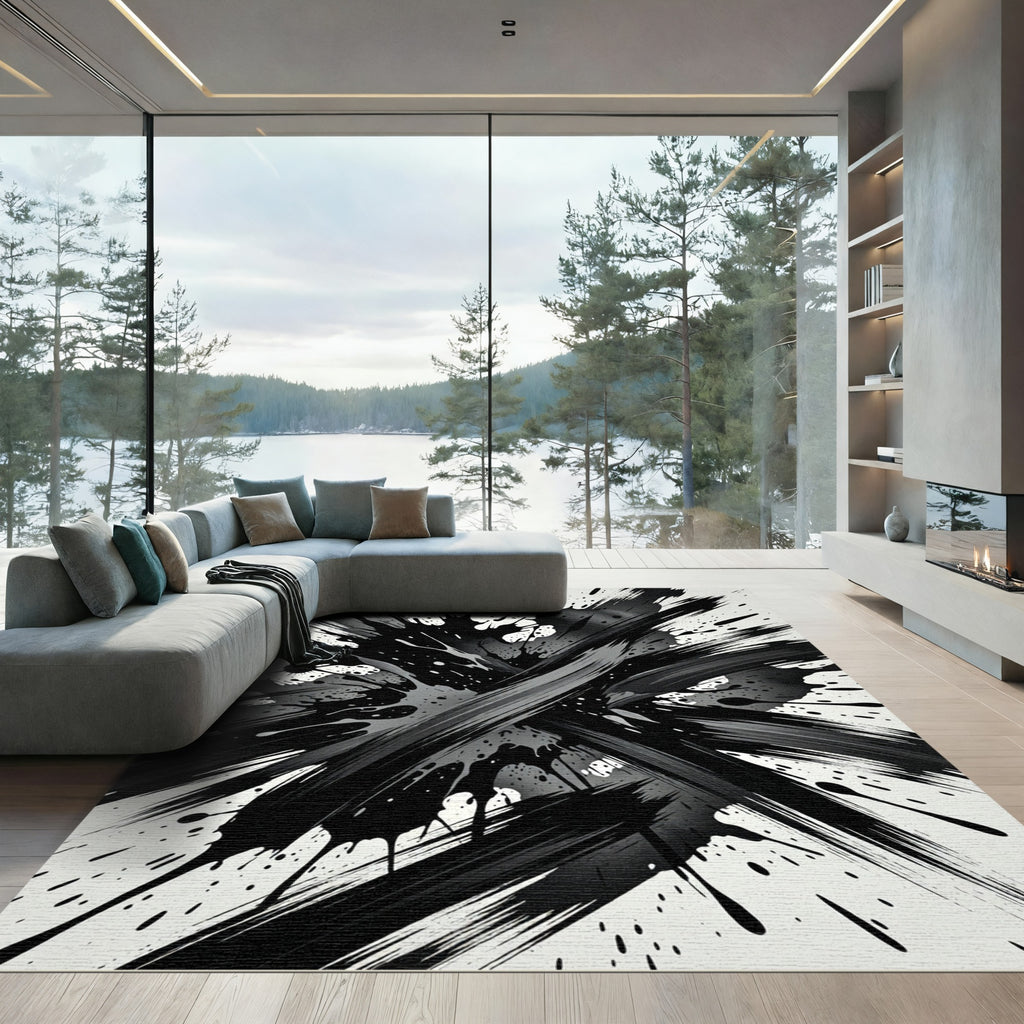 Dynamic Black Splatter Abstract Splash Rug