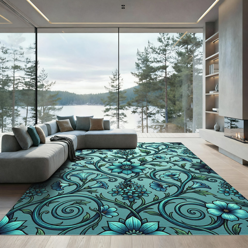 Teal Floral Scroll Botanical Vines Rug
