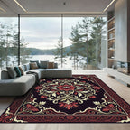 Elegant Crimson Floral Symmetry Art Rug