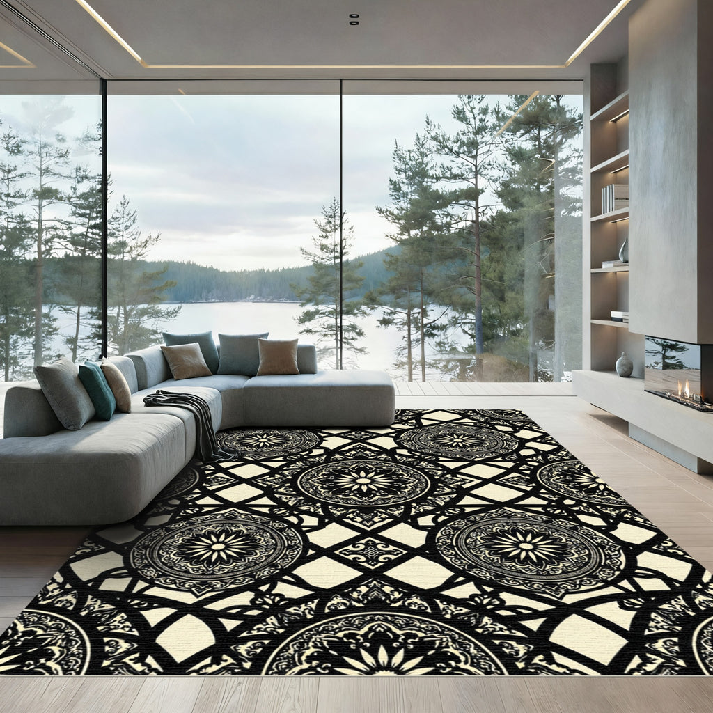 Black Cream Ornate Floral Lattice Rug