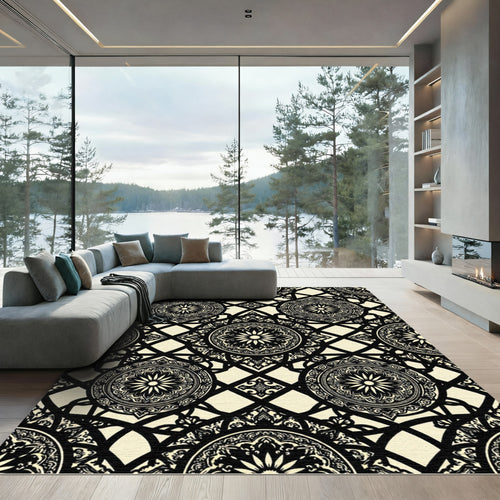 Black Cream Ornate Floral Lattice Rug