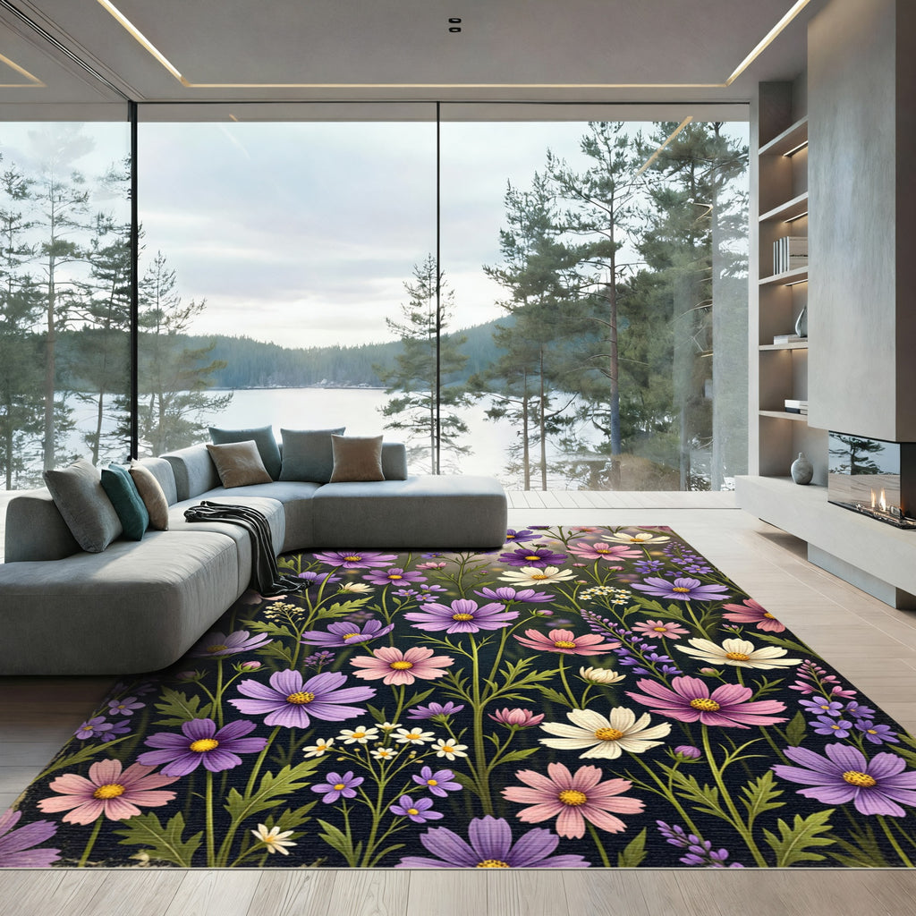 Vibrant Purple Pink Cosmos Floral Meadow Rug