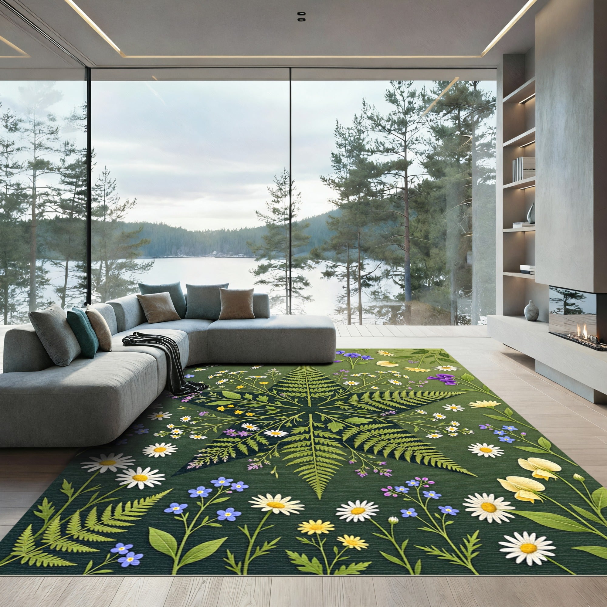 Botanical Fern Star Wildflower Field Rug