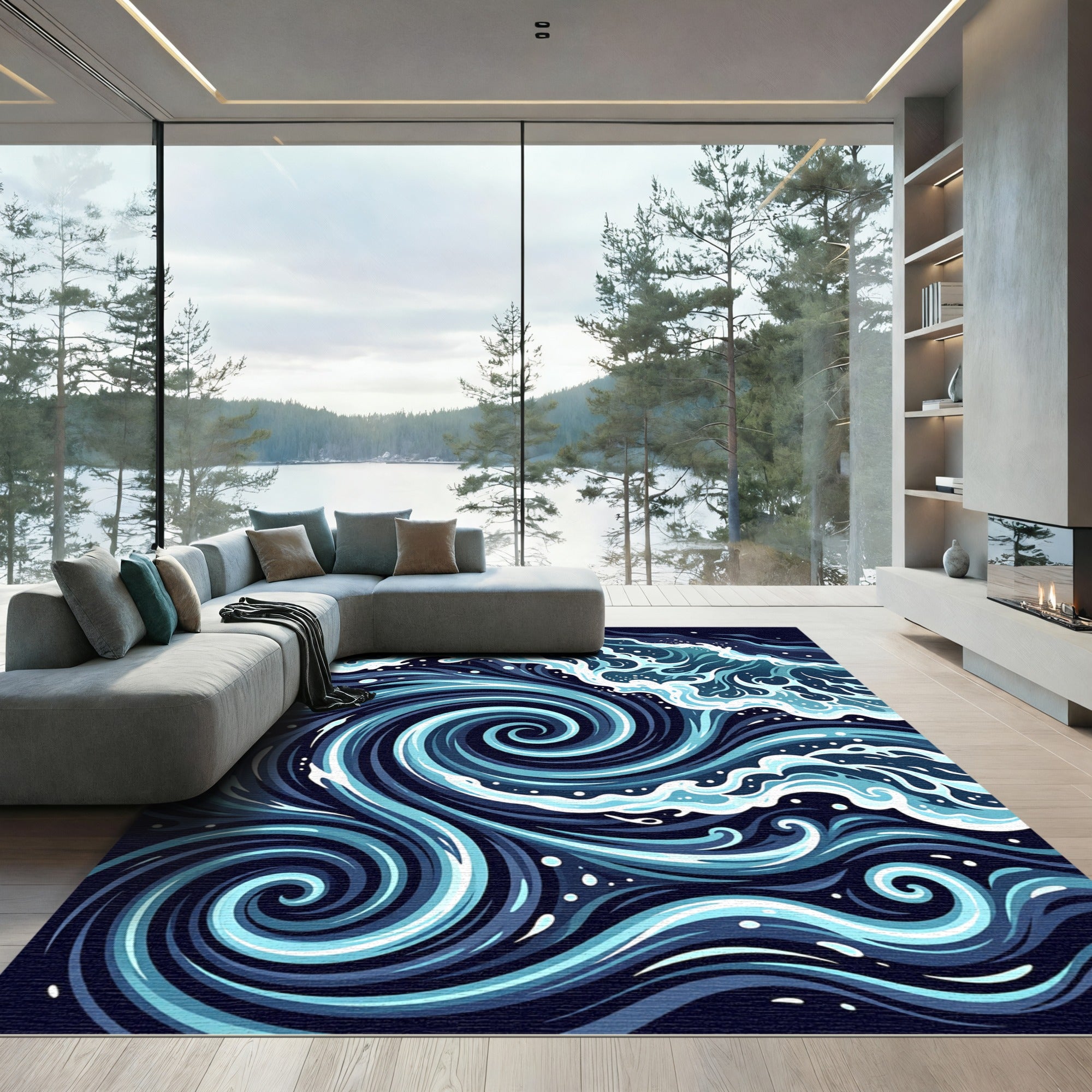 Deep Blue Swirling Ocean Wave Rug