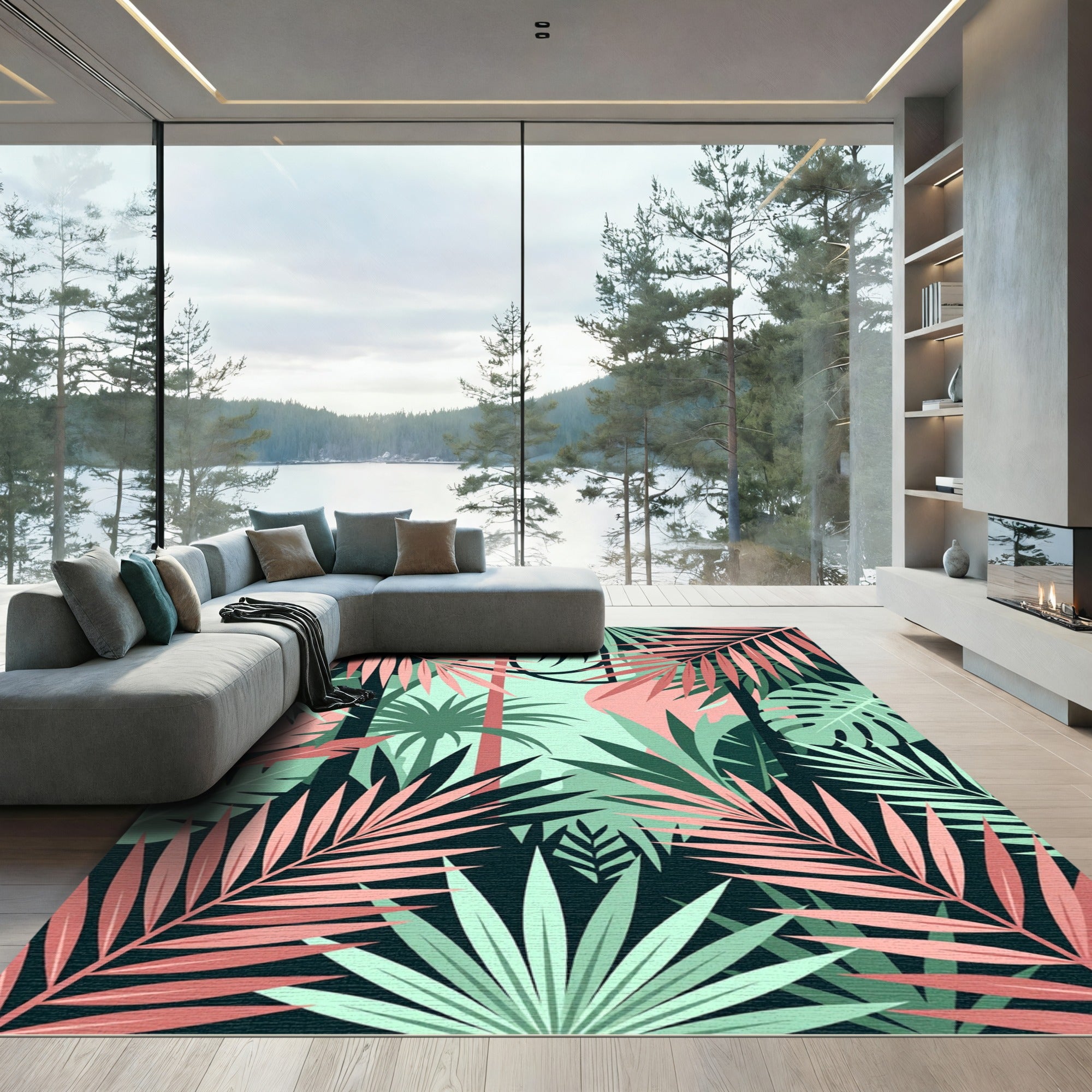 Lush Tropical Foliage Pink Mint Leaves Rug