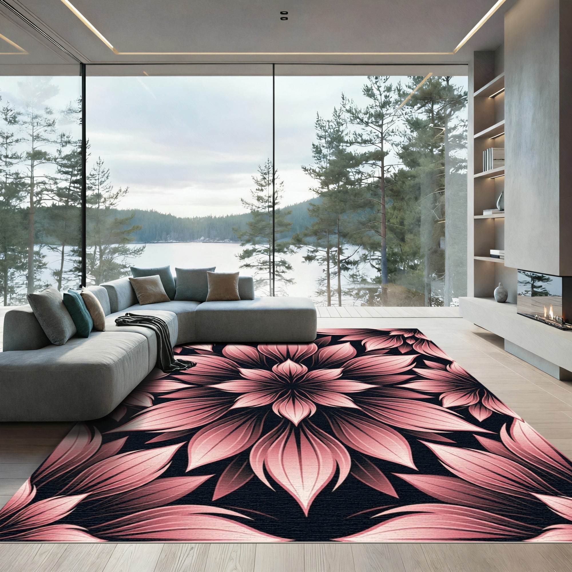 Blushing Rose Botanical Petal Mandala Rug