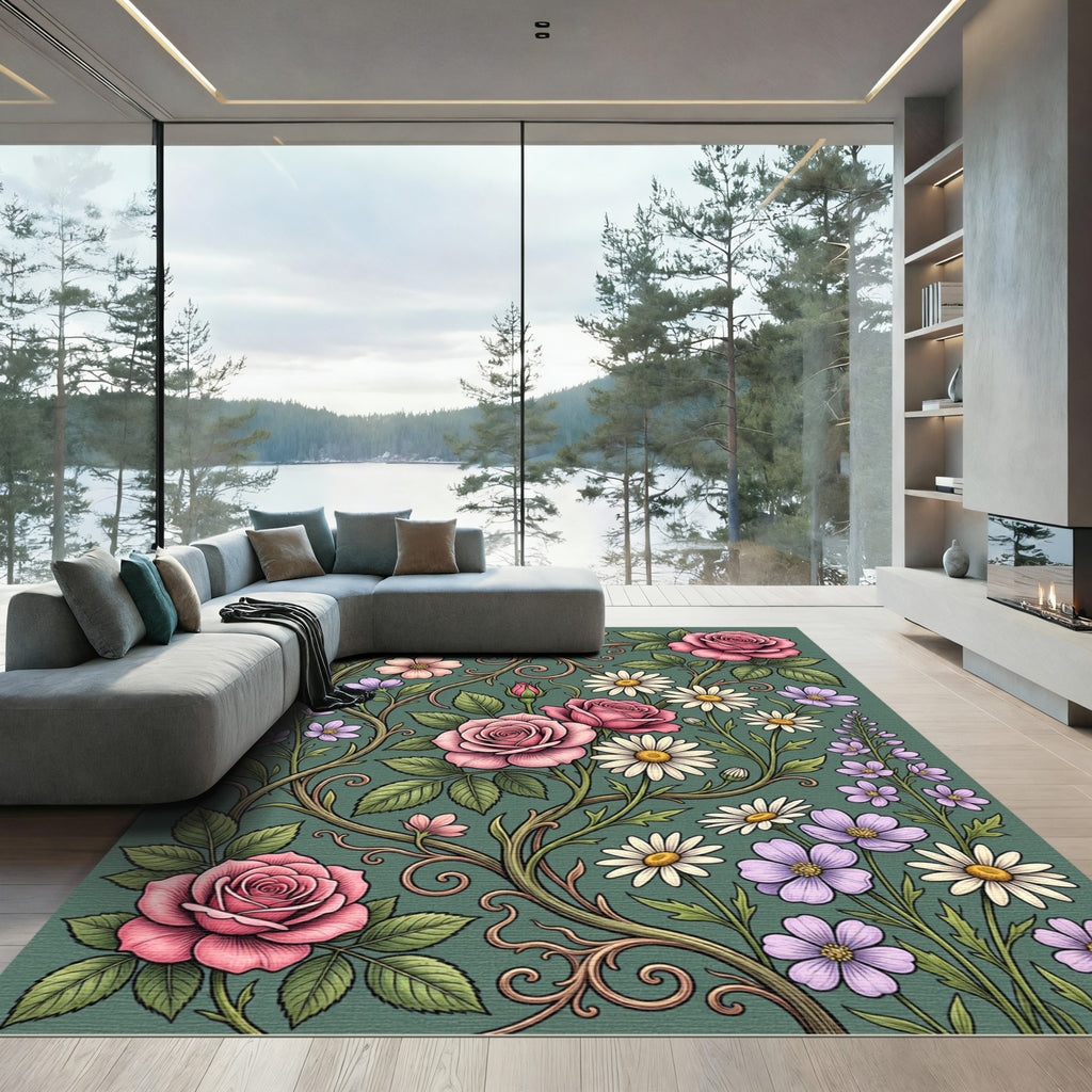 Vintage Botanical Rose and Daisy Garden Rug