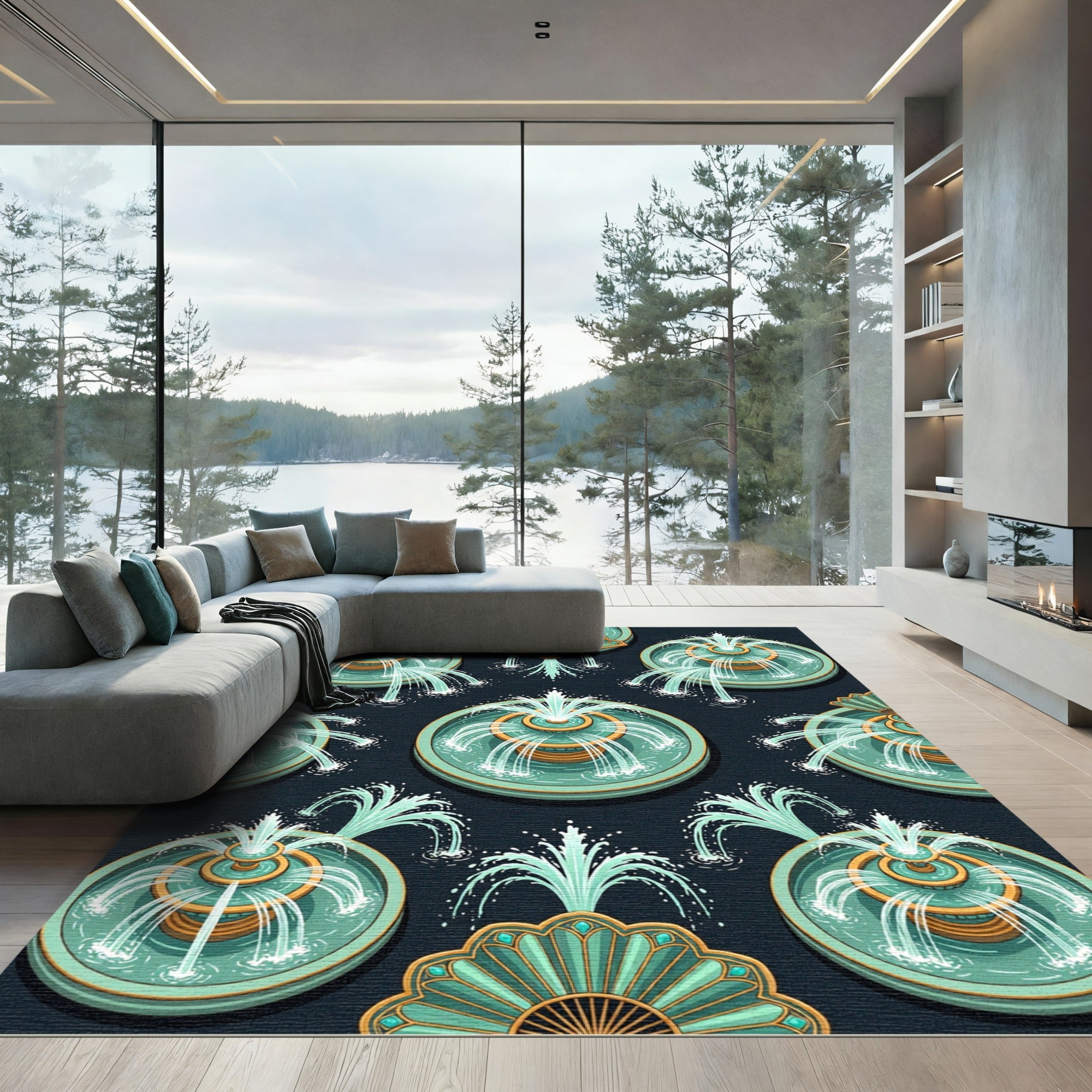 Aqua Golden Fountain Garden Rug