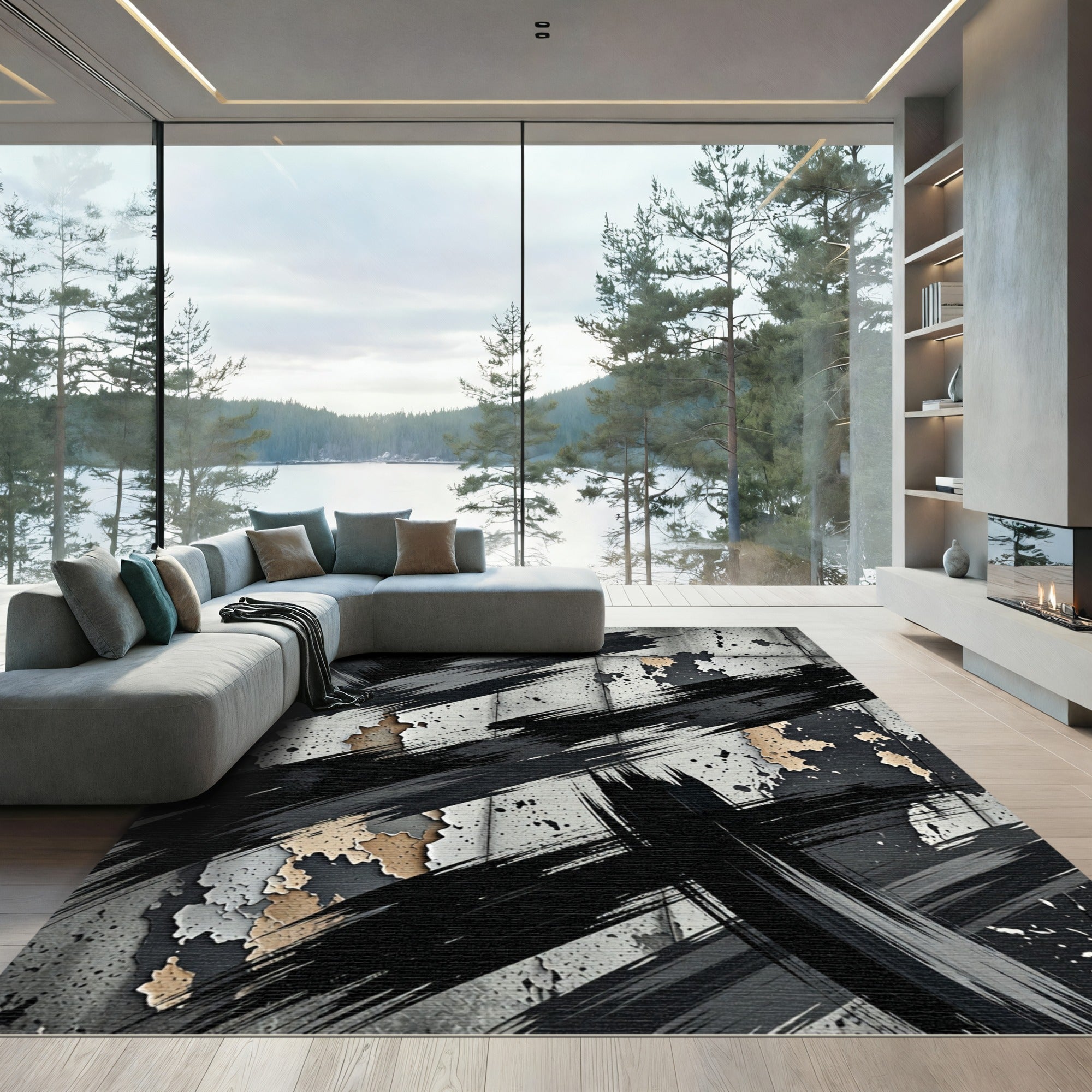Abstract Monochromatic Black Ink Grunge Stroke Rug