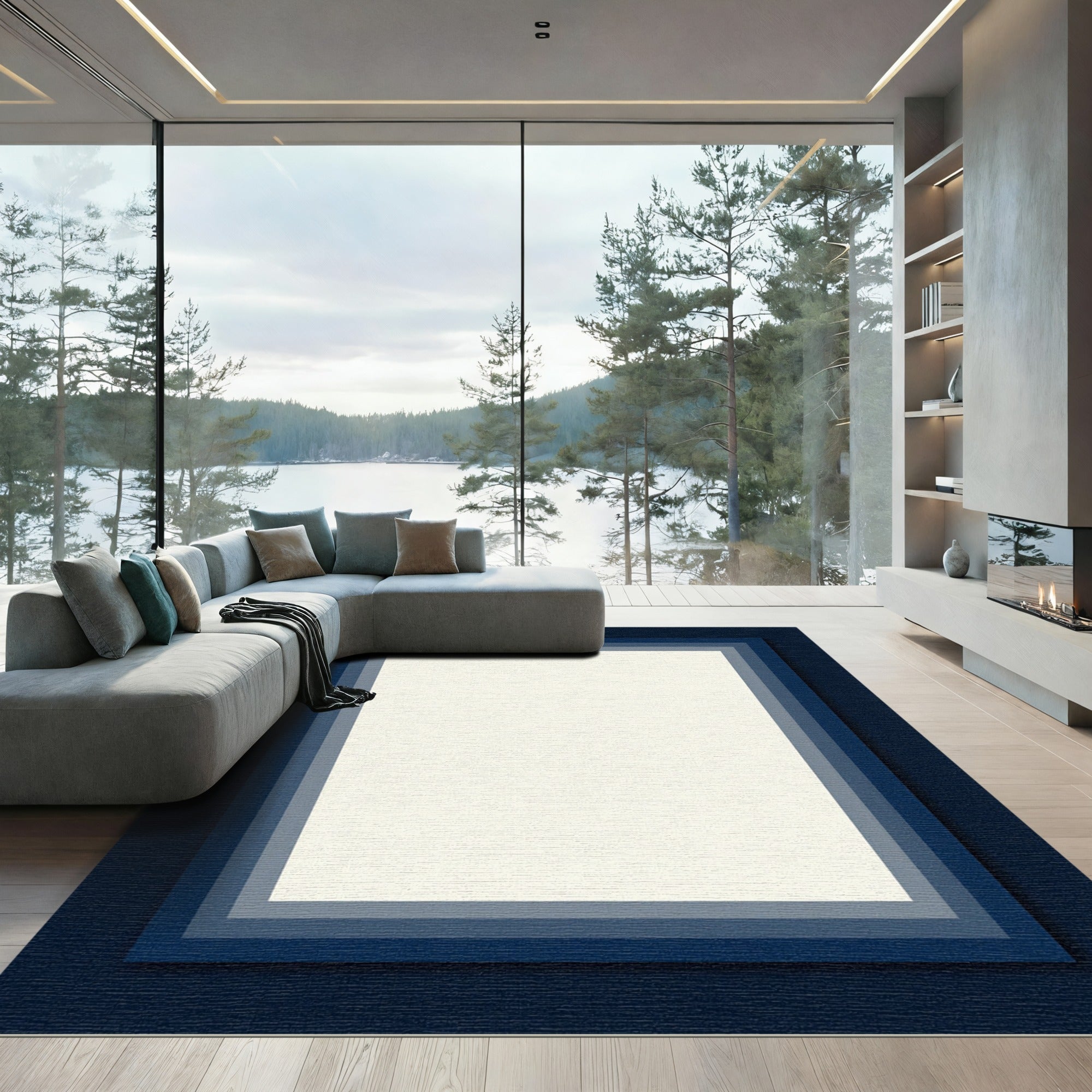 Navy Blue Layered Rectangular Border Rug