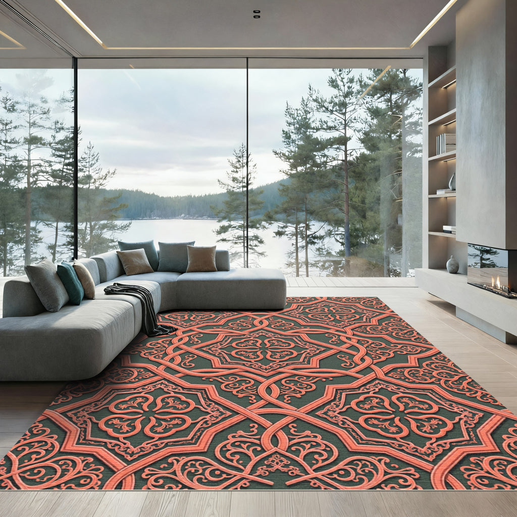Coral Interlocking Arabesque Pattern Rug