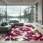 Deep Crimson Peony Watercolor Floral Rug
