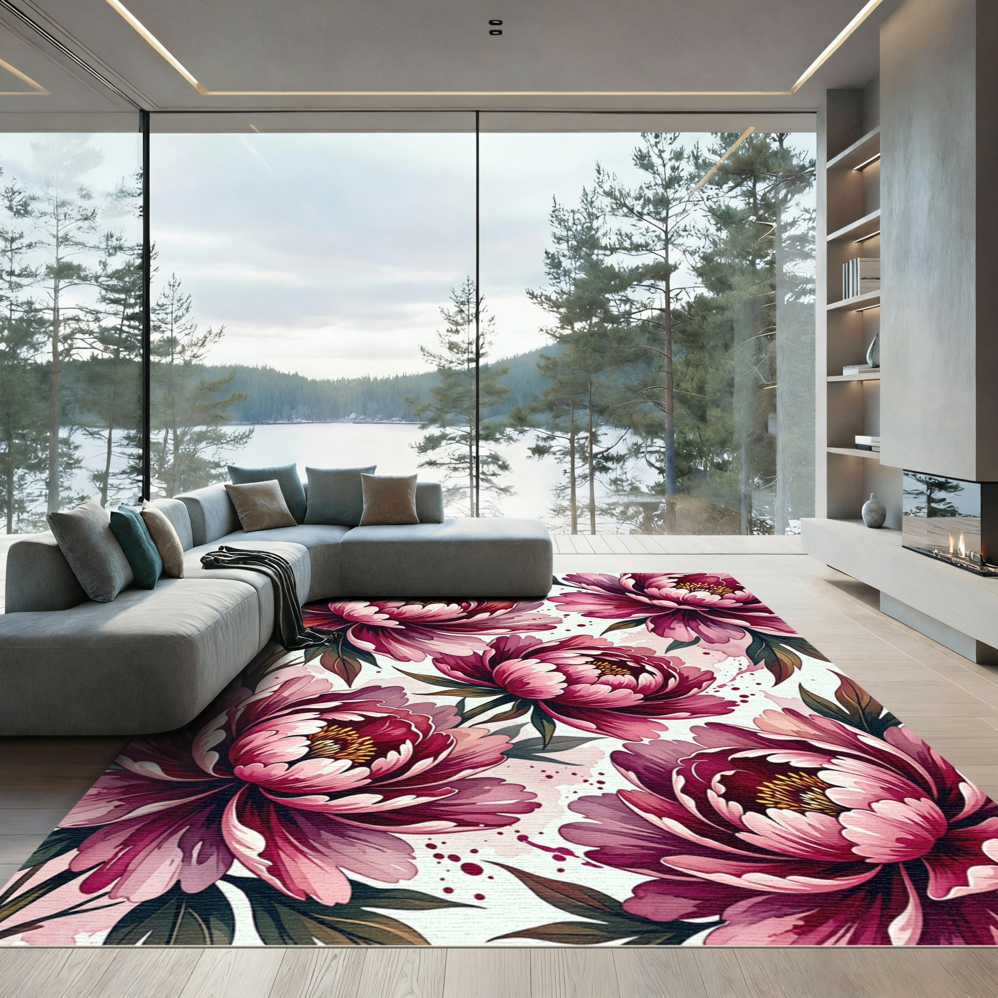 Deep Crimson Peony Watercolor Floral Rug