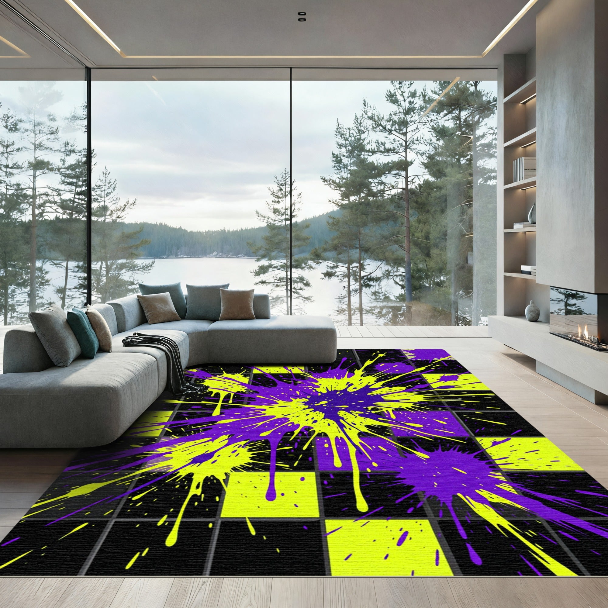 Electric Neon Splatter Checkered Rug