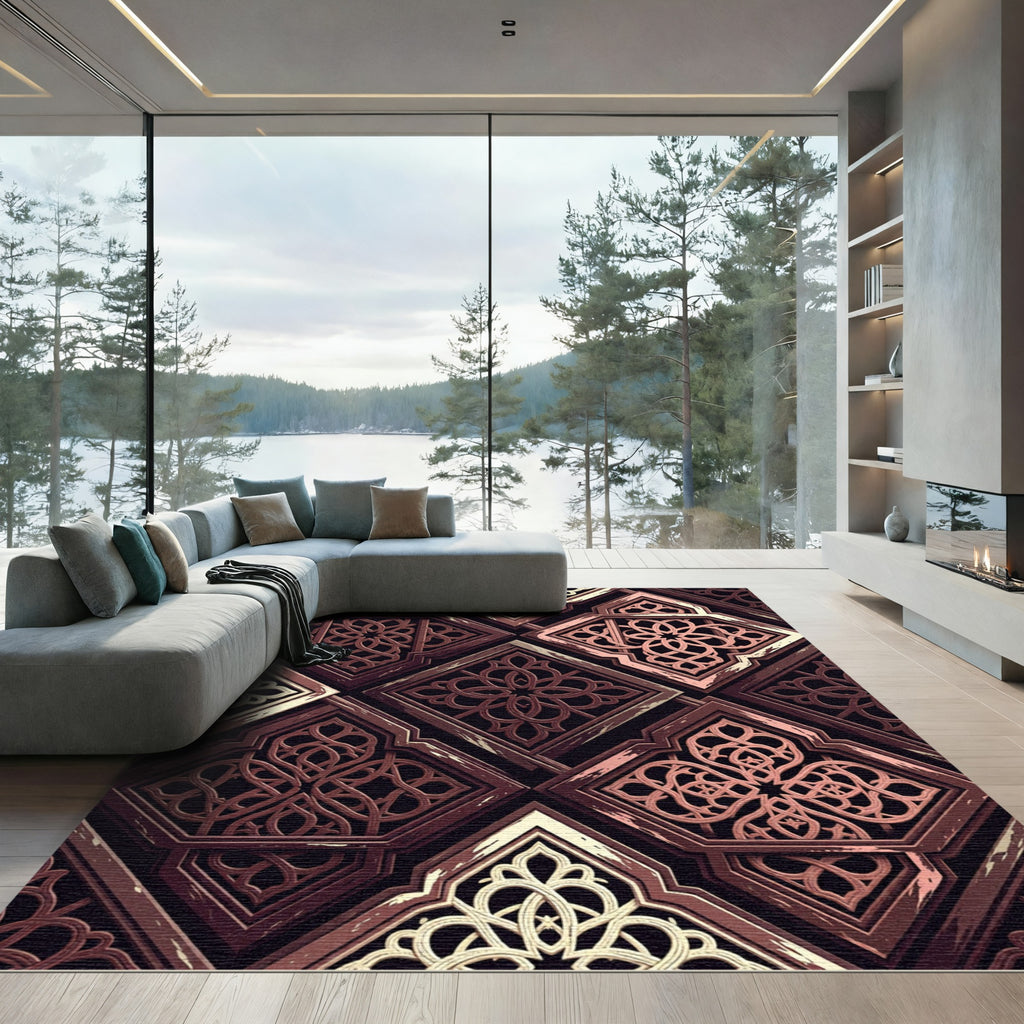 Intricate Bronze Geometric Lattice Overlay Rug