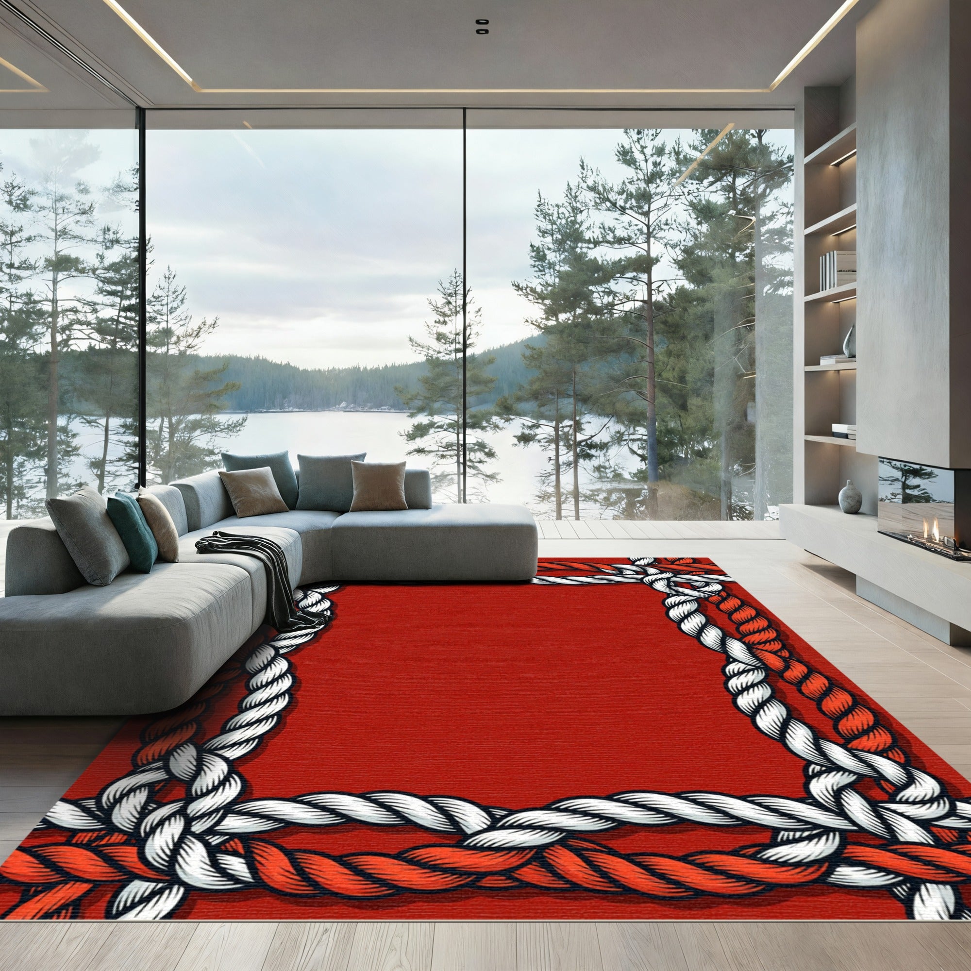 Red White Braided Rope Border Rug