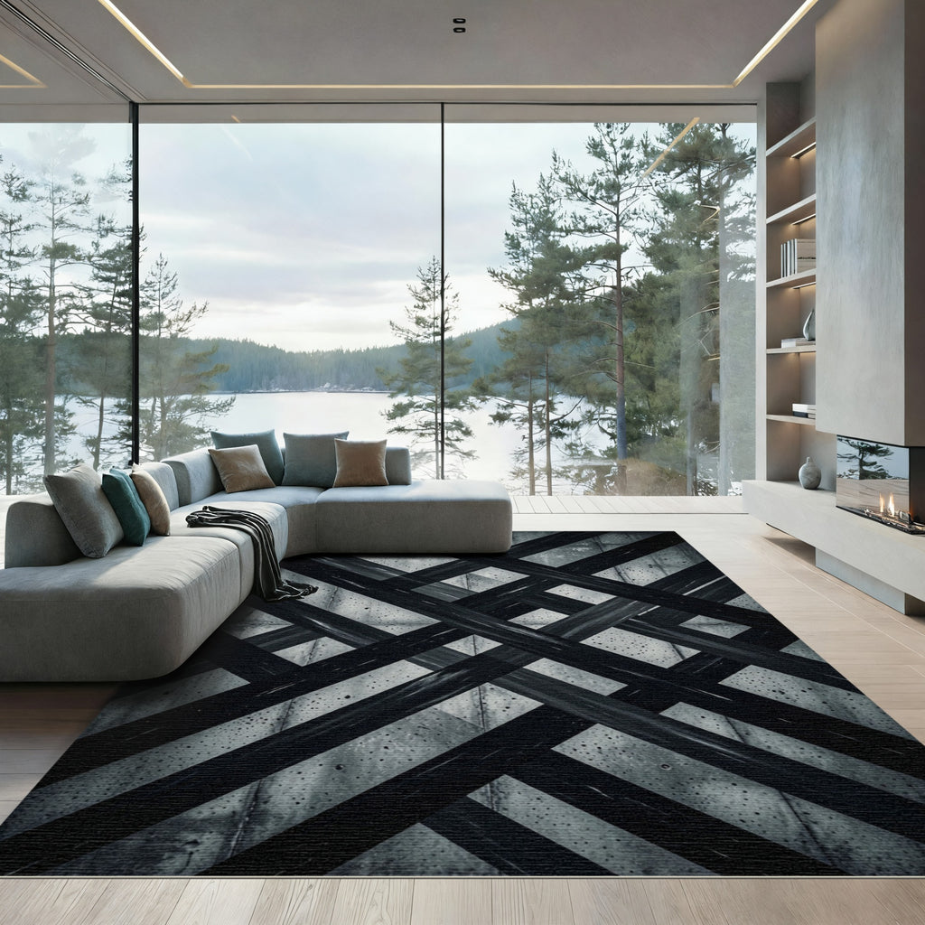 Modern Gray Intersecting Diagonal Line Rug