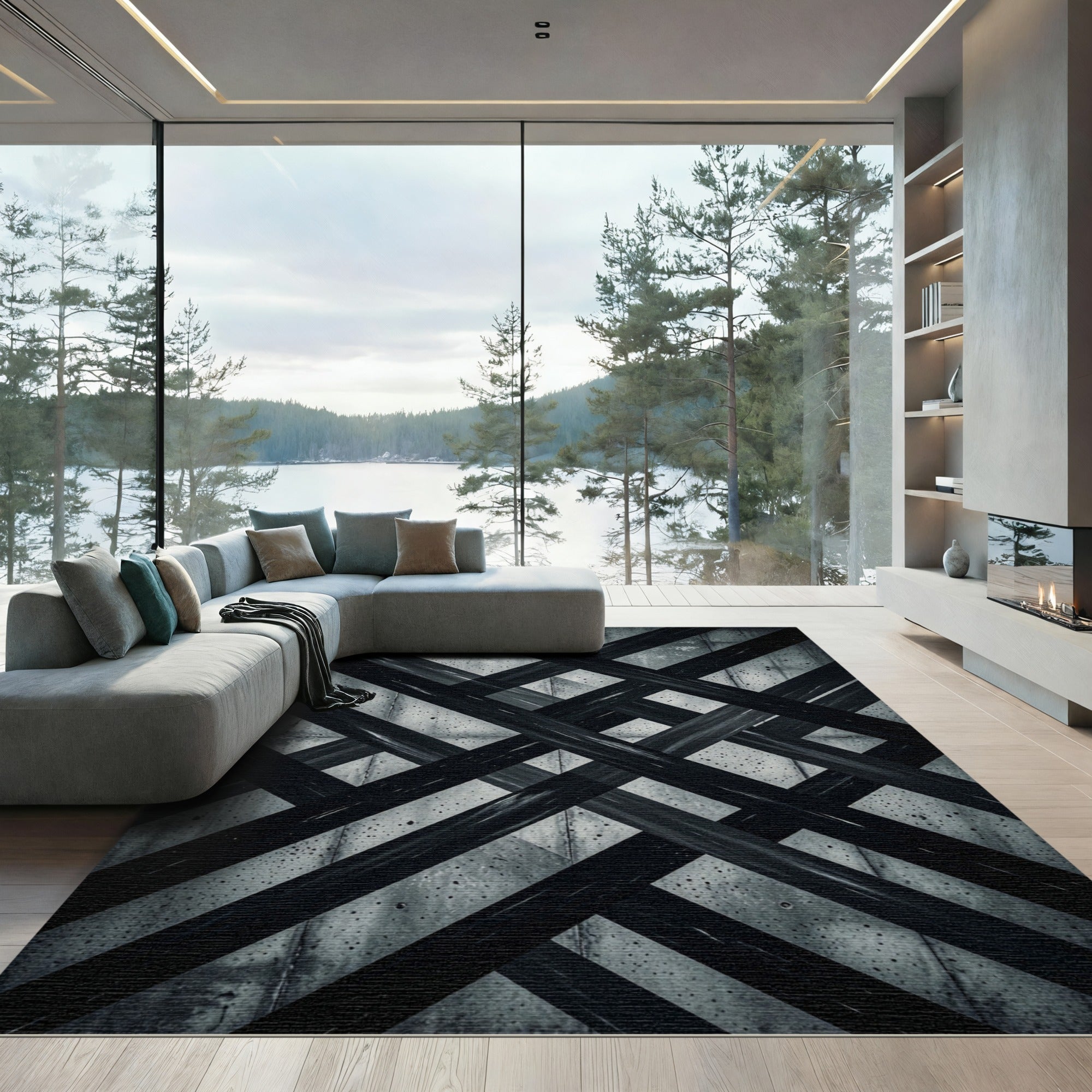 Modern Gray Intersecting Diagonal Line Rug