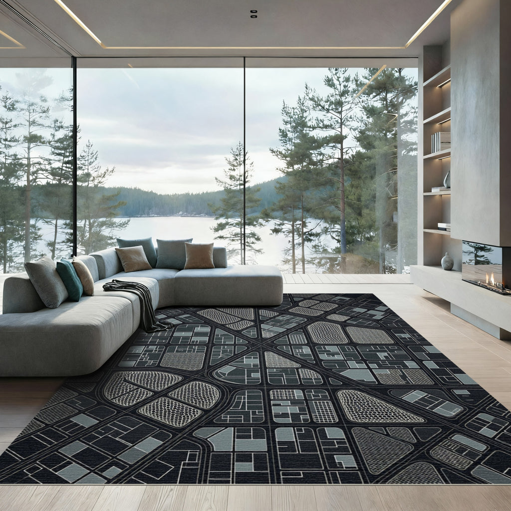 Modern Gray Urban Grid Rug