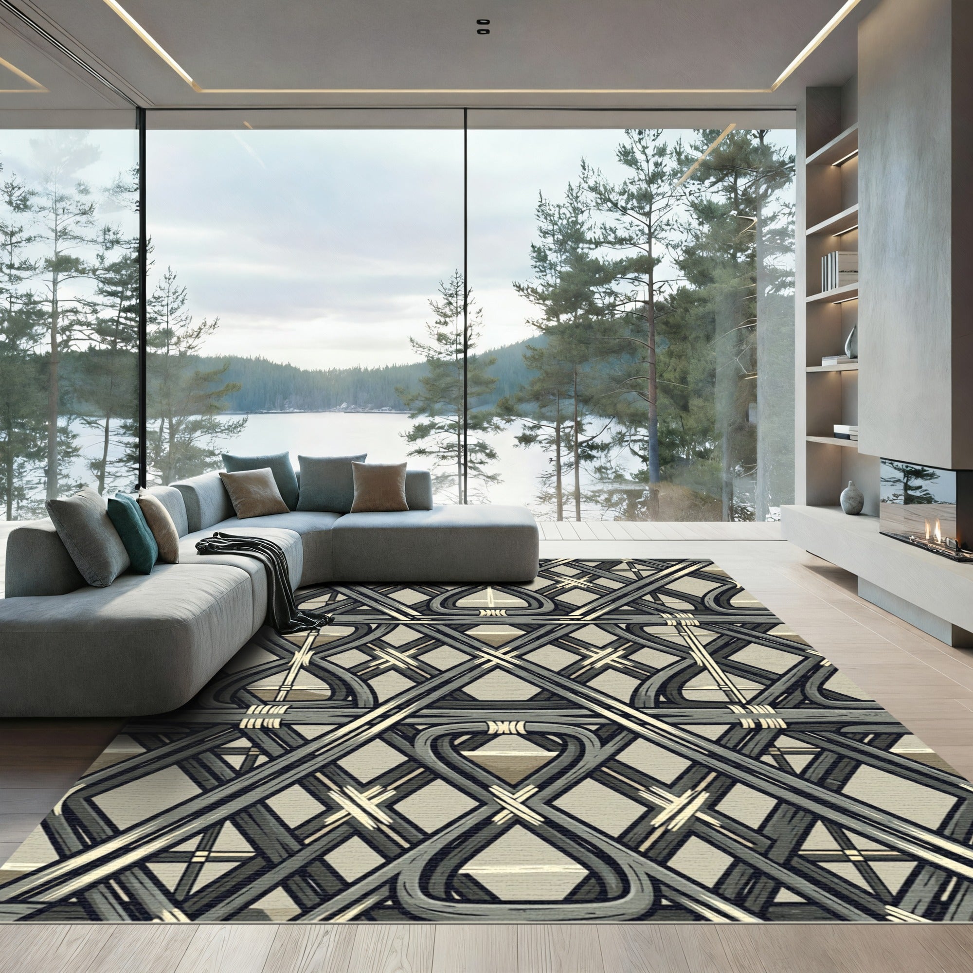 Grey Intertwined Lattice Geometric Rug