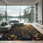Ornate Gold and Black Floral Mandala Rug