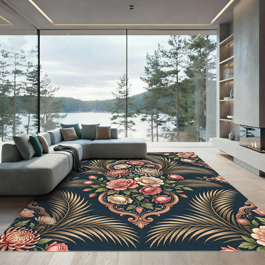 Elegant Pink Rose Gold Floral Medallion Rug