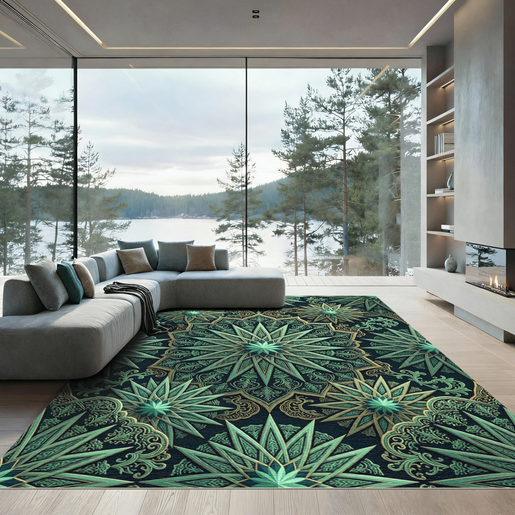 Deep Emerald Starburst Mandala Rug