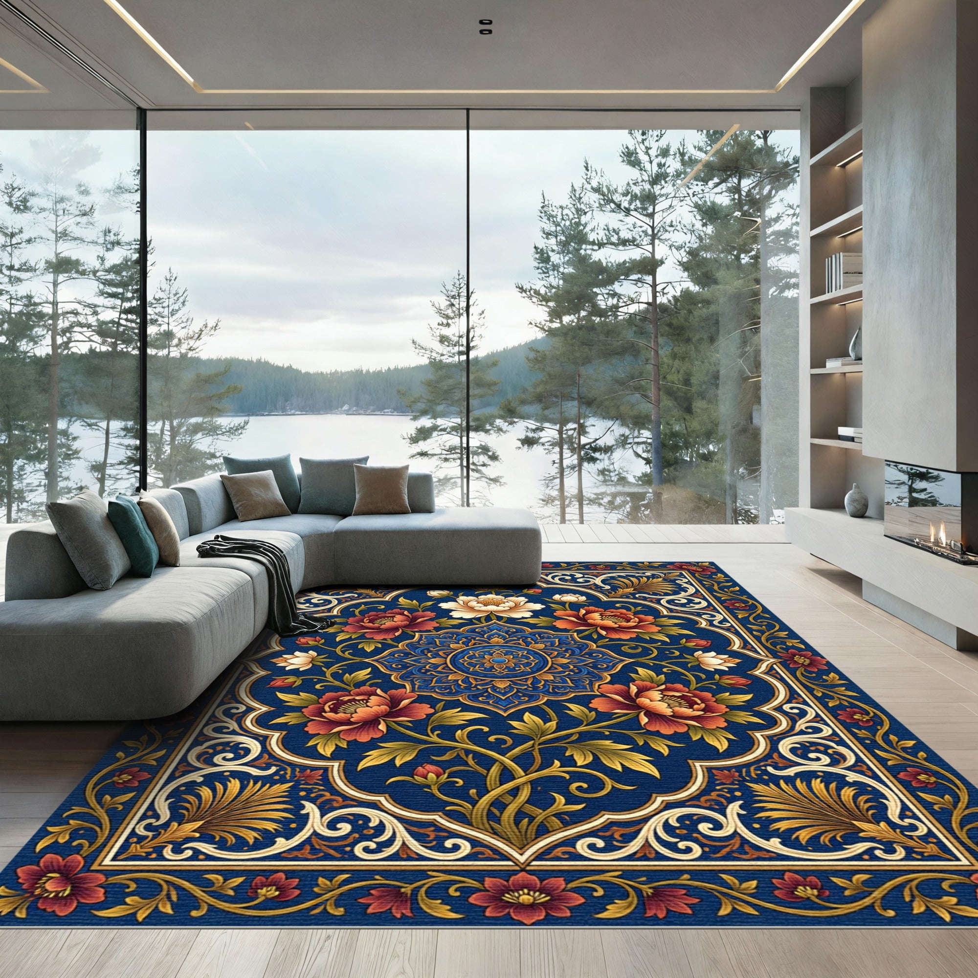 Rich Blue Floral Medallion Garden Rug