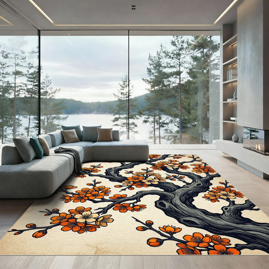 Vibrant Orange Cherry Blossom Branches Rug