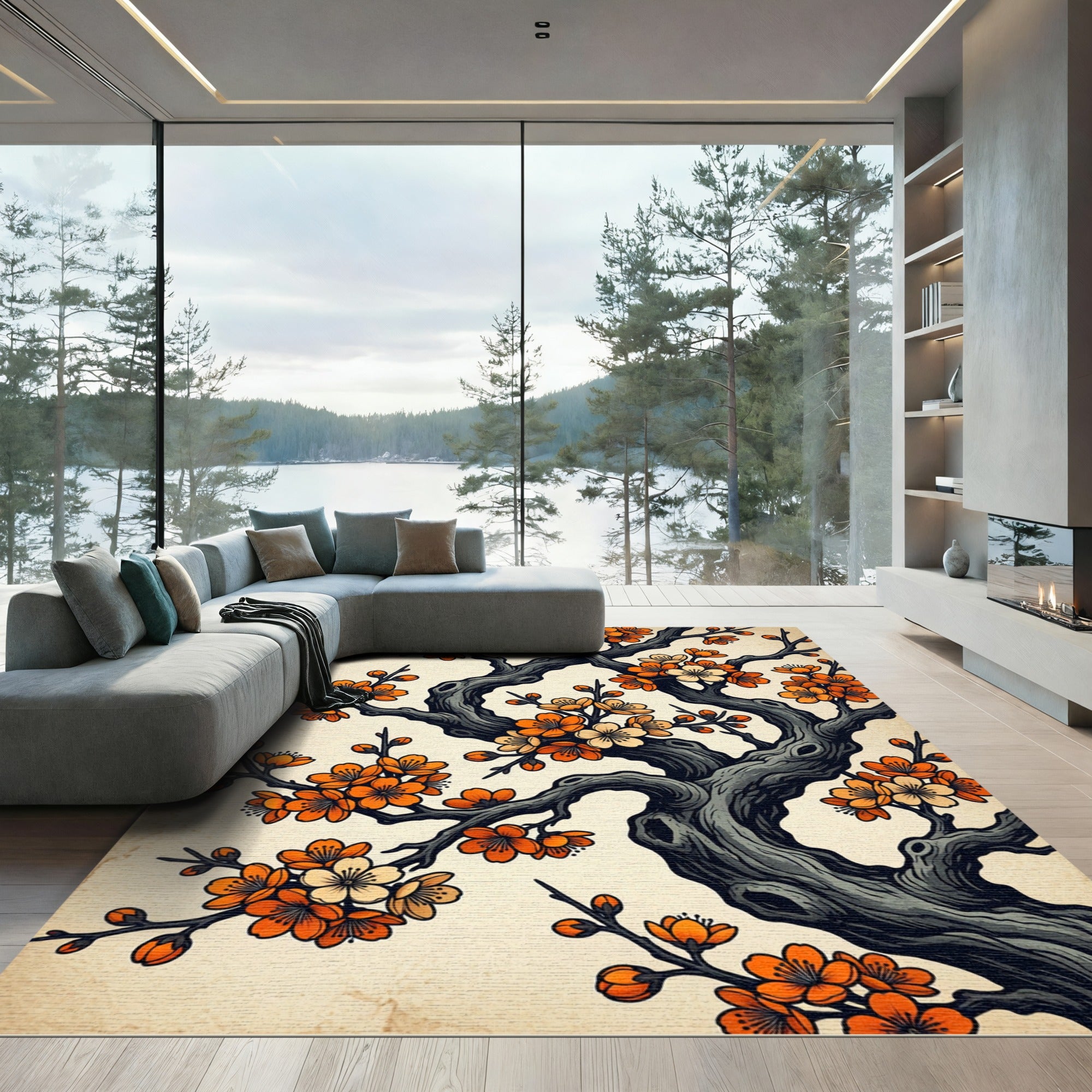 Vibrant Orange Cherry Blossom Branches Rug