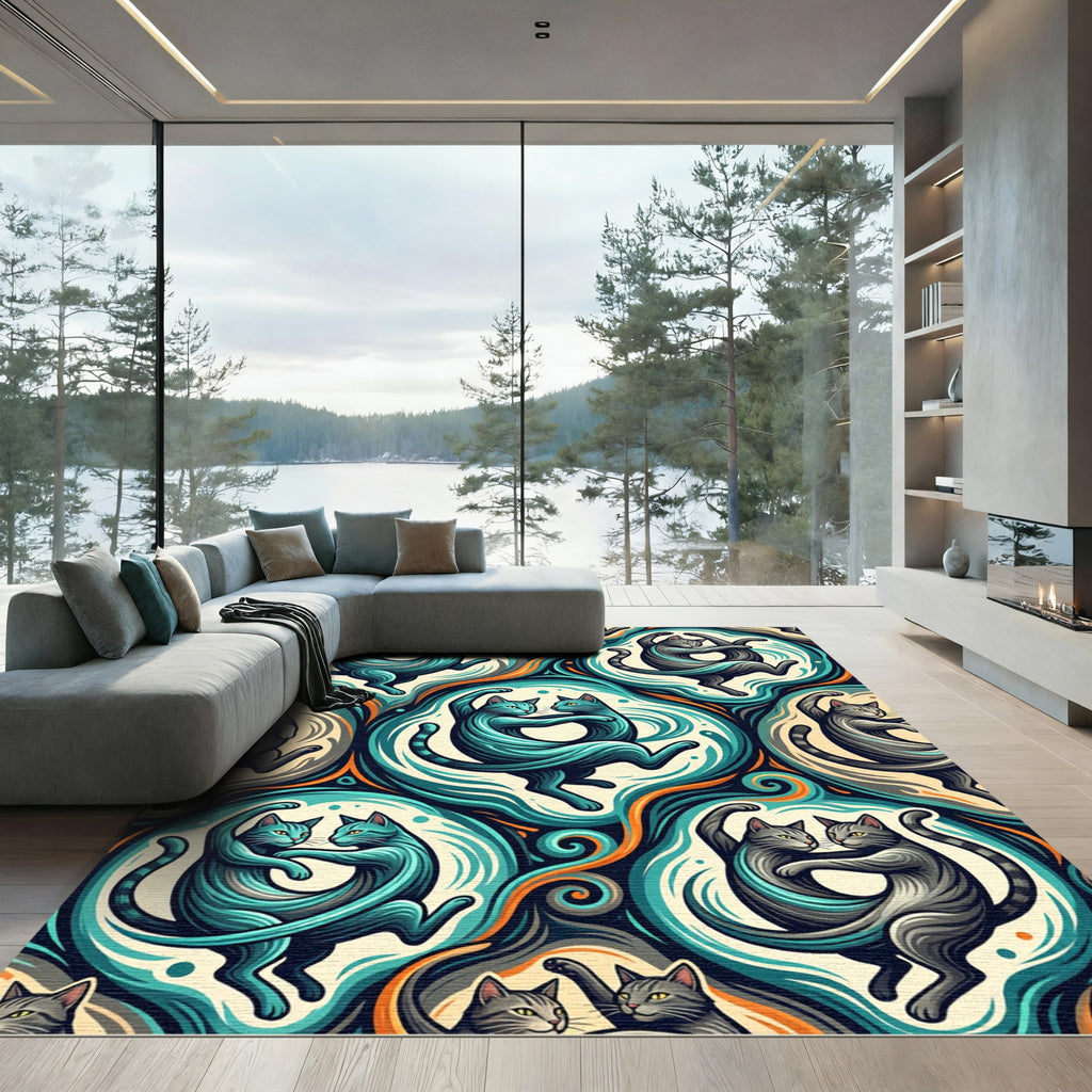 Turquoise Gray Dancing Cats Swirl Rug