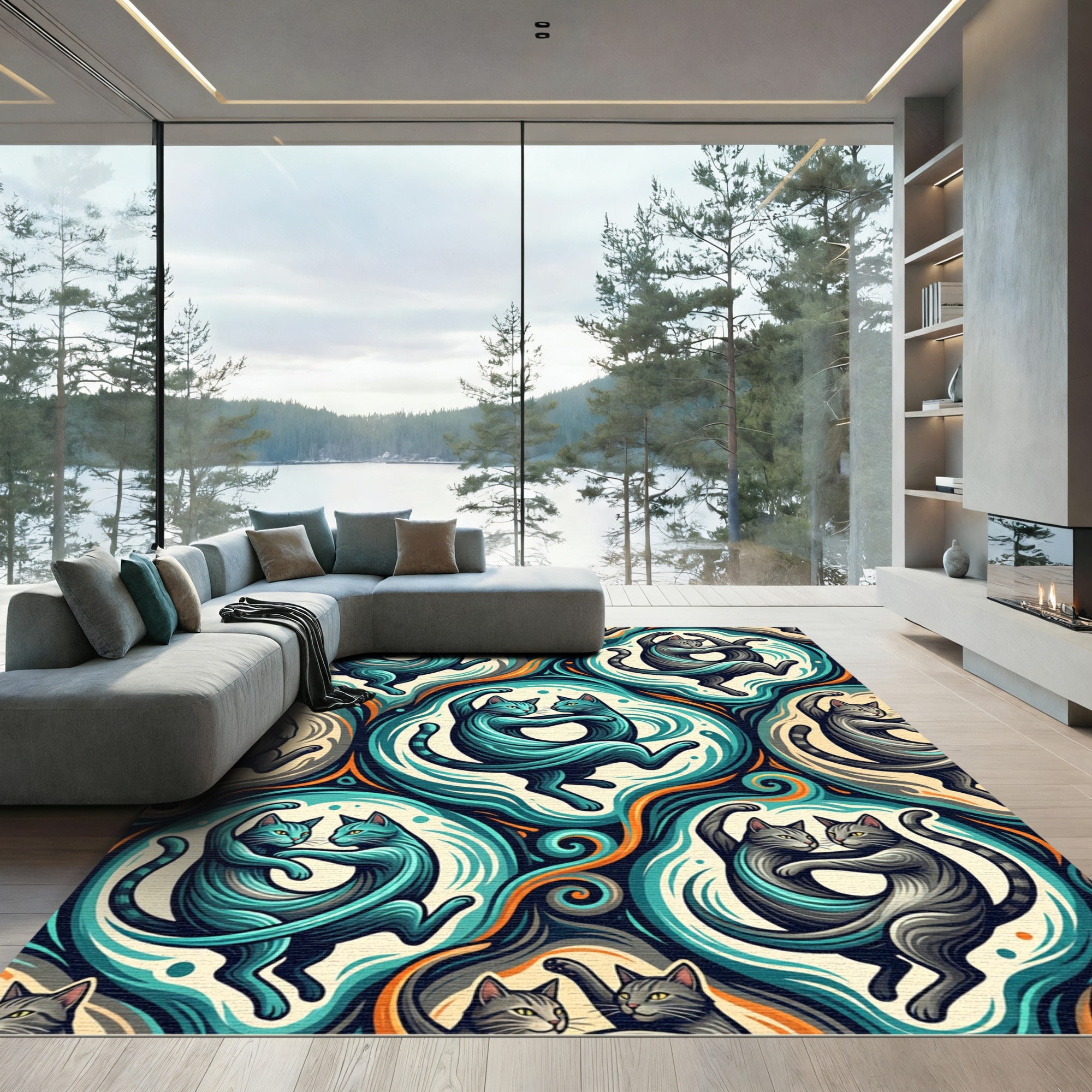 Turquoise Gray Dancing Cats Swirl Rug